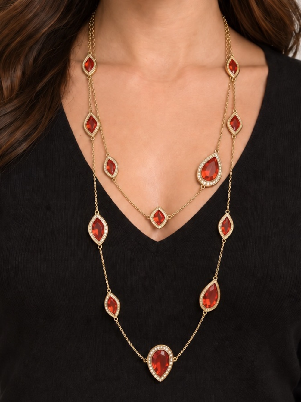 Gold-Tone Two-Layer Orange Red Gem Statement Necklace NWT